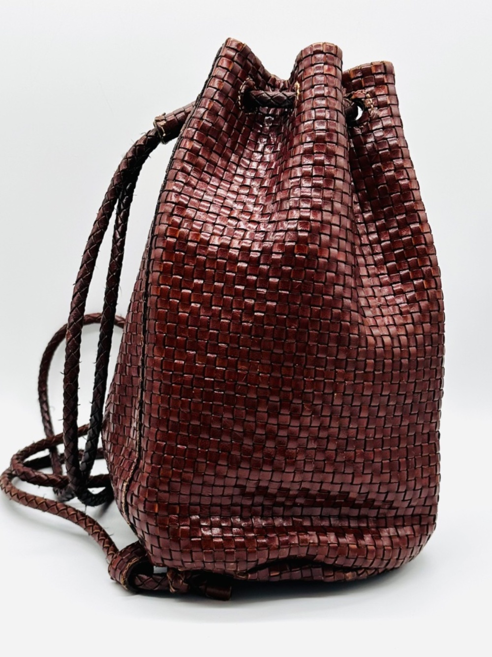 VTG DESMO Italy Woven Leather Backpack Brown Intrecciato Bucket Bag Boho - Picture 4 of 15